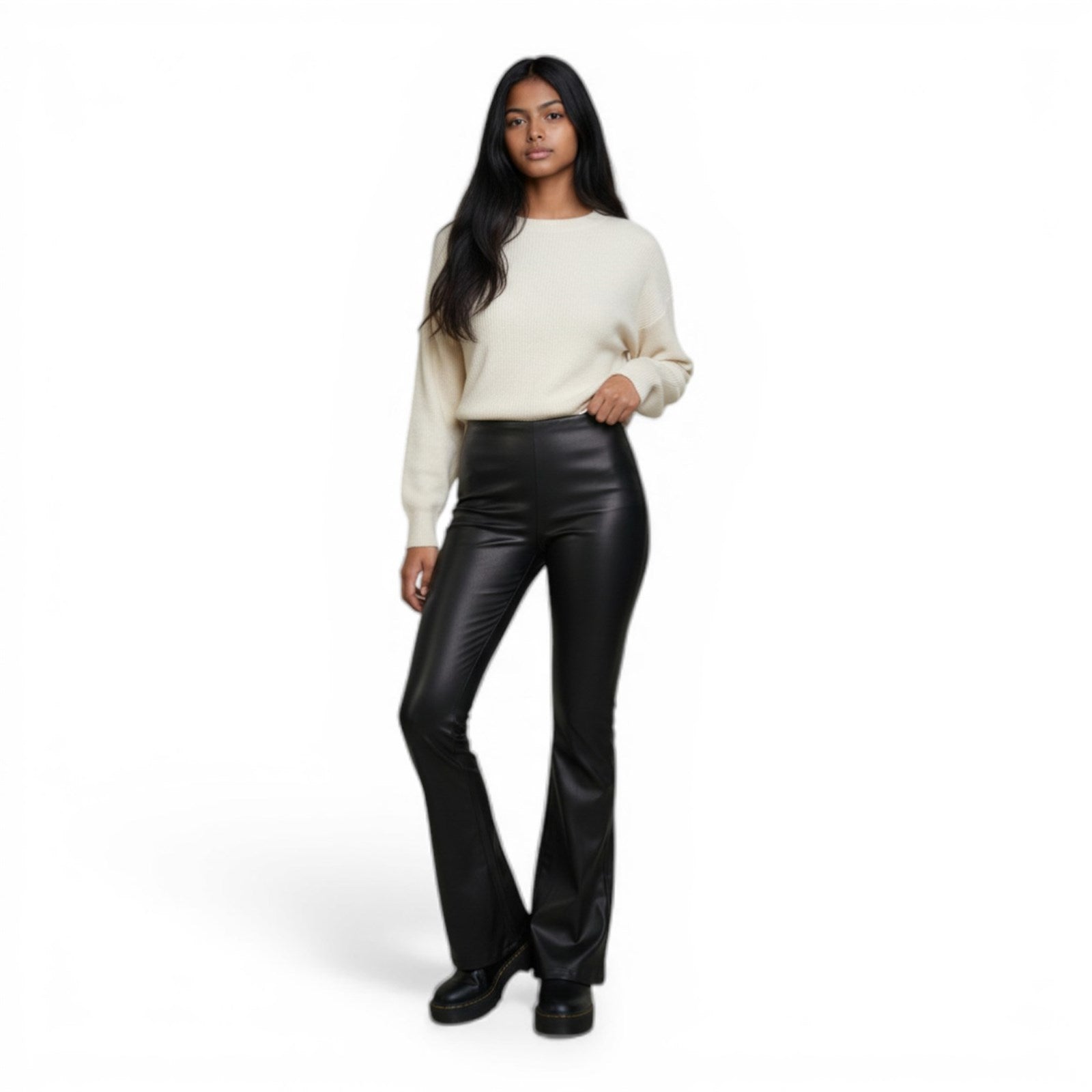 Ambar Women Faux Pu Leather Stretchy Flare Pants