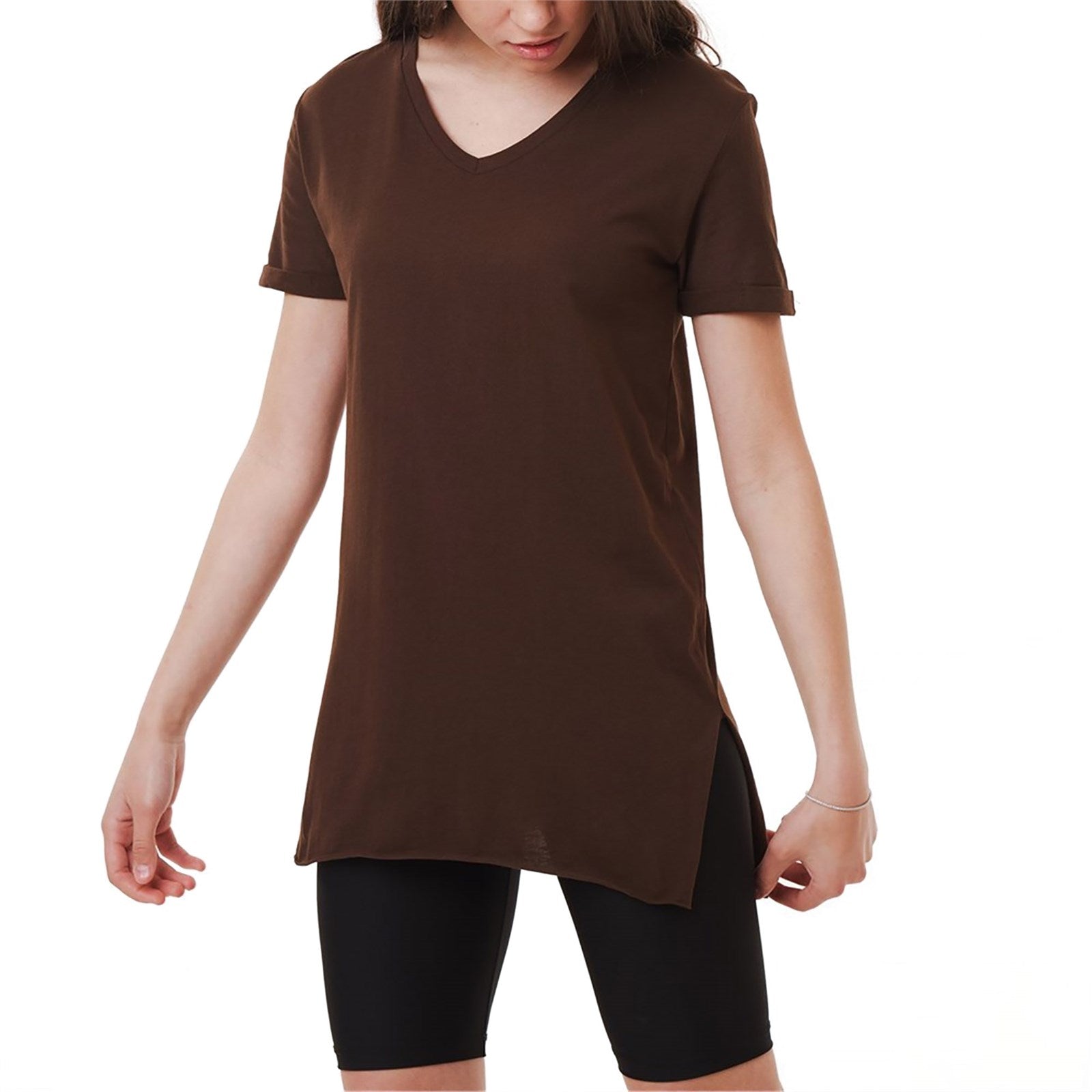 Ambar Women V-Neck Side Slit Cotton Tunic T-Shirt
