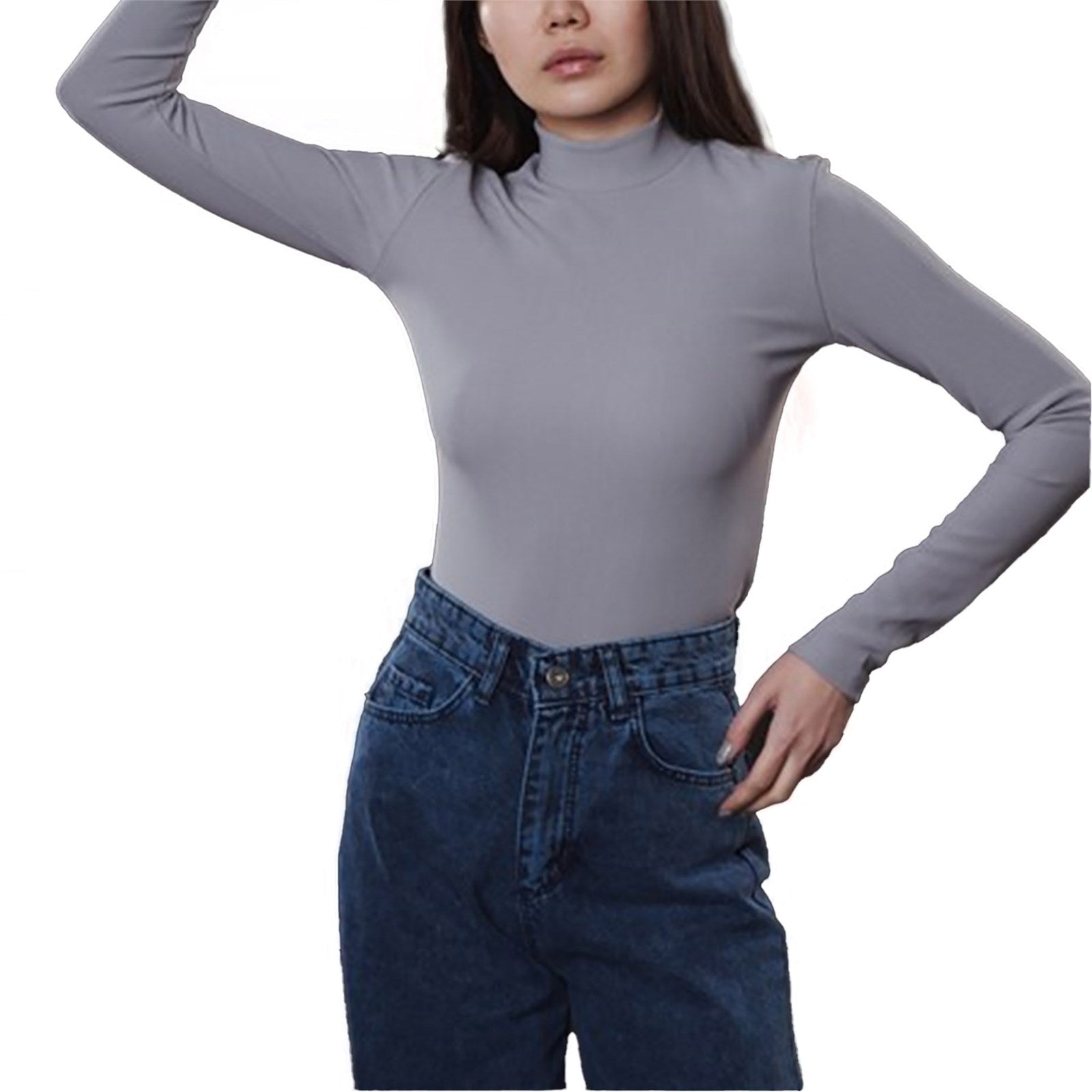 Ambar Women Mock Neck Long Sleeve Slim Fit Ribbed Knit Top