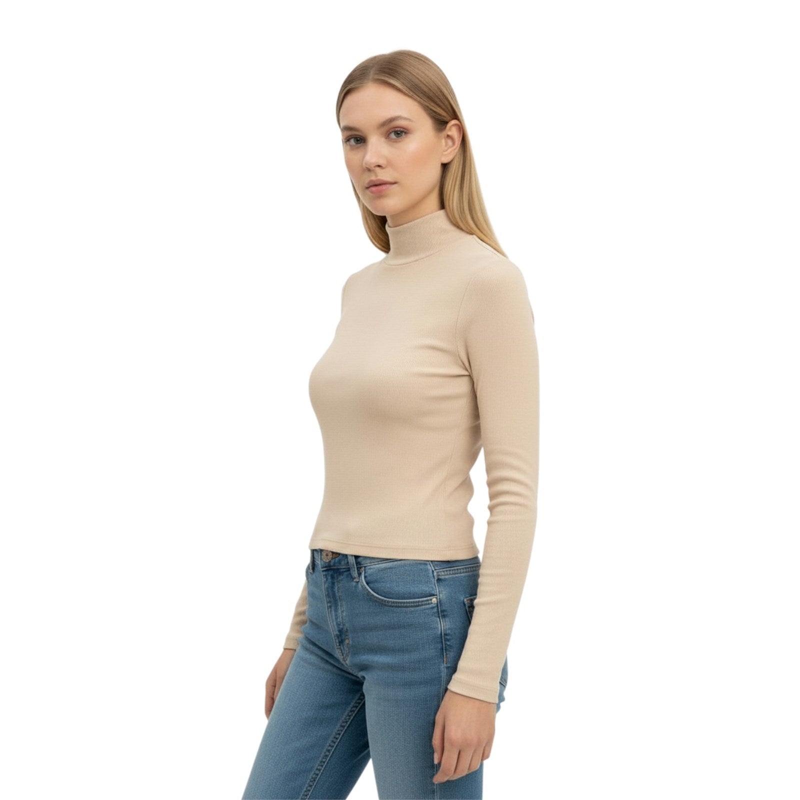 Ambar Women Sleek Stretch Essential Mock-Neck Long Sleeve Top