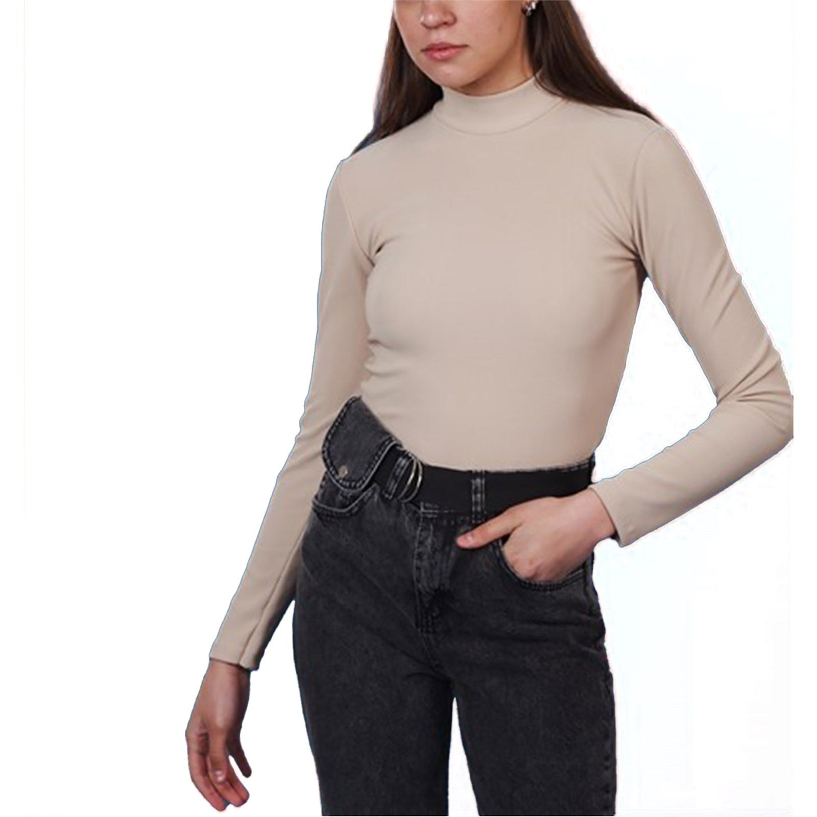 Ambar Women Mock Neck Long Sleeve Slim Fit Ribbed Knit Top