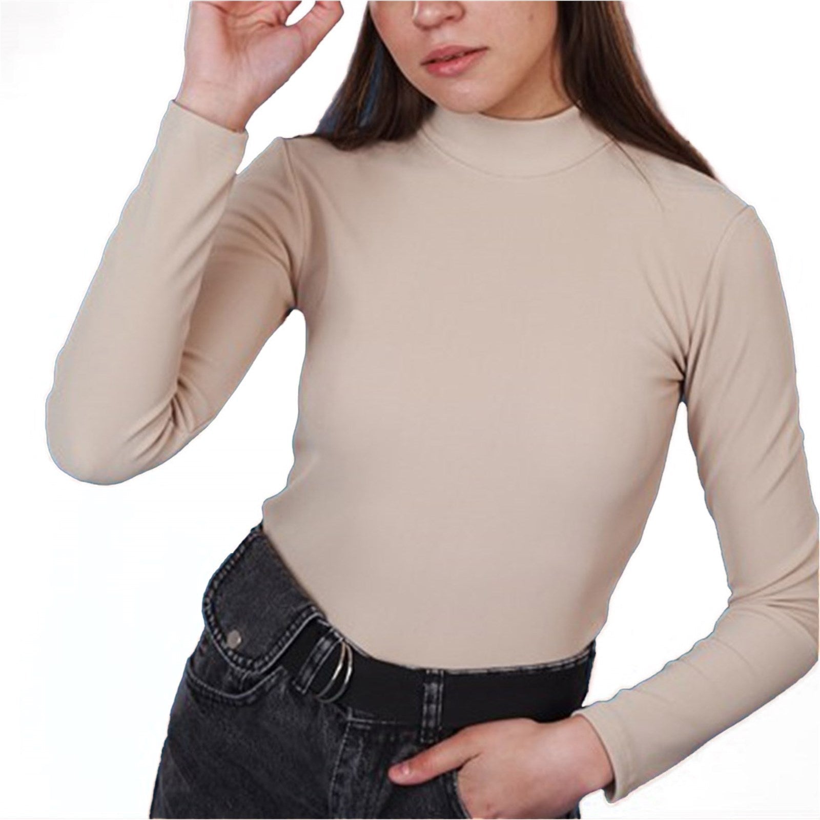 Ambar Women Mock Neck Long Sleeve Slim Fit Ribbed Knit Top